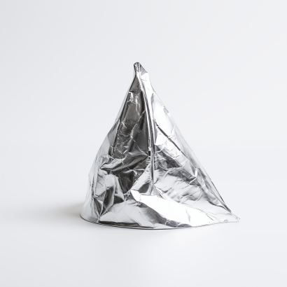 A triangle hat made of aluminium foil on a white background.