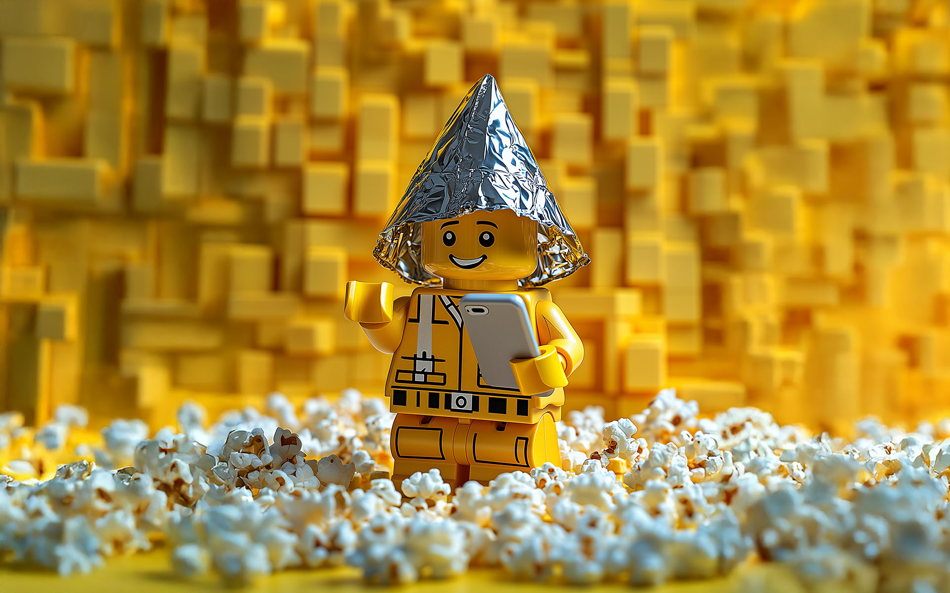 A lego man holding a mobile phone surrounded by popcorn.